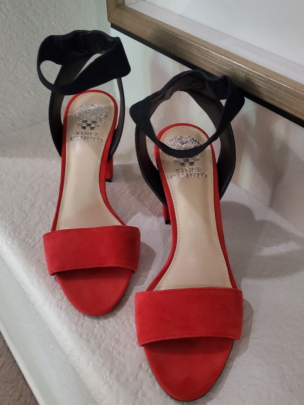 Vince Camuto Red and Black Suede Ankle Strap Sandals